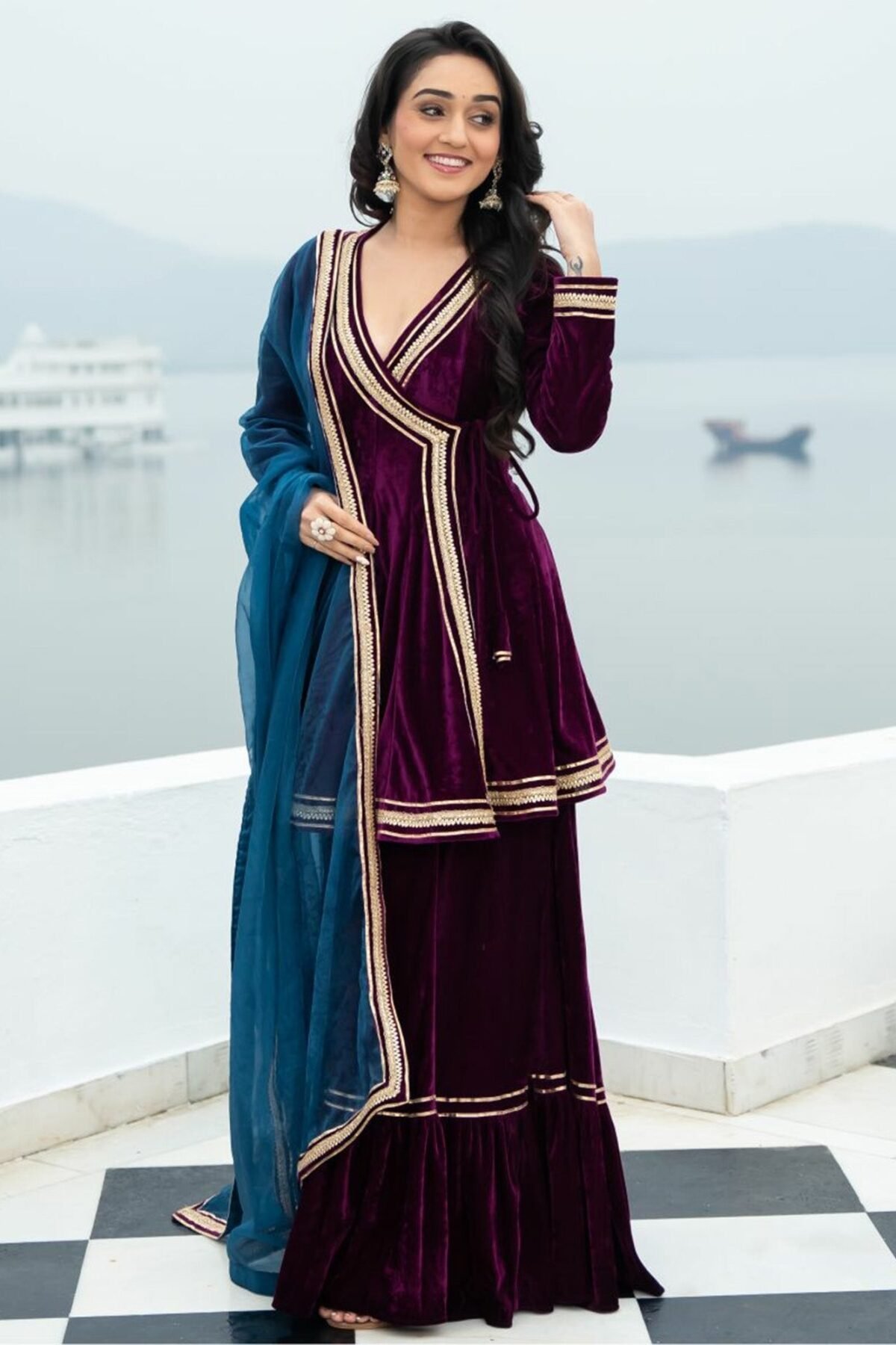 Velvet Magenta Angrakha Style Palazzo Set