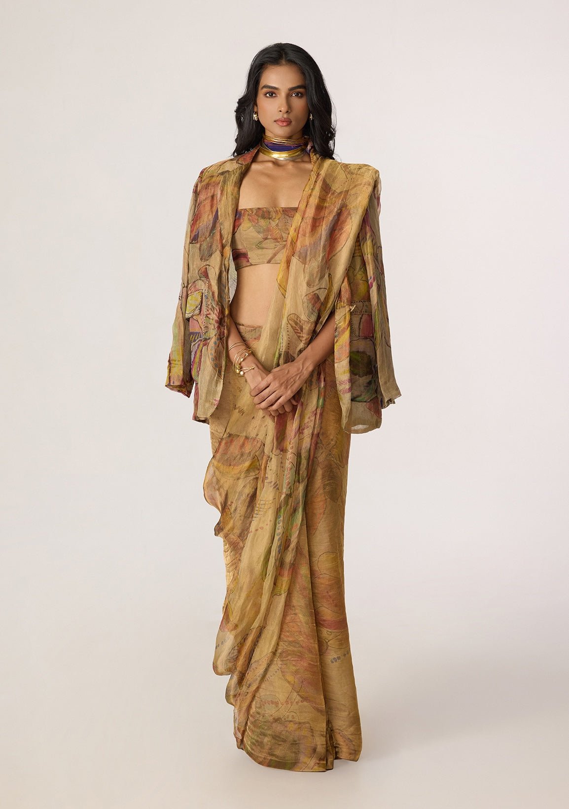 Micah gold blazer with Agatha sari and Malaika blouse