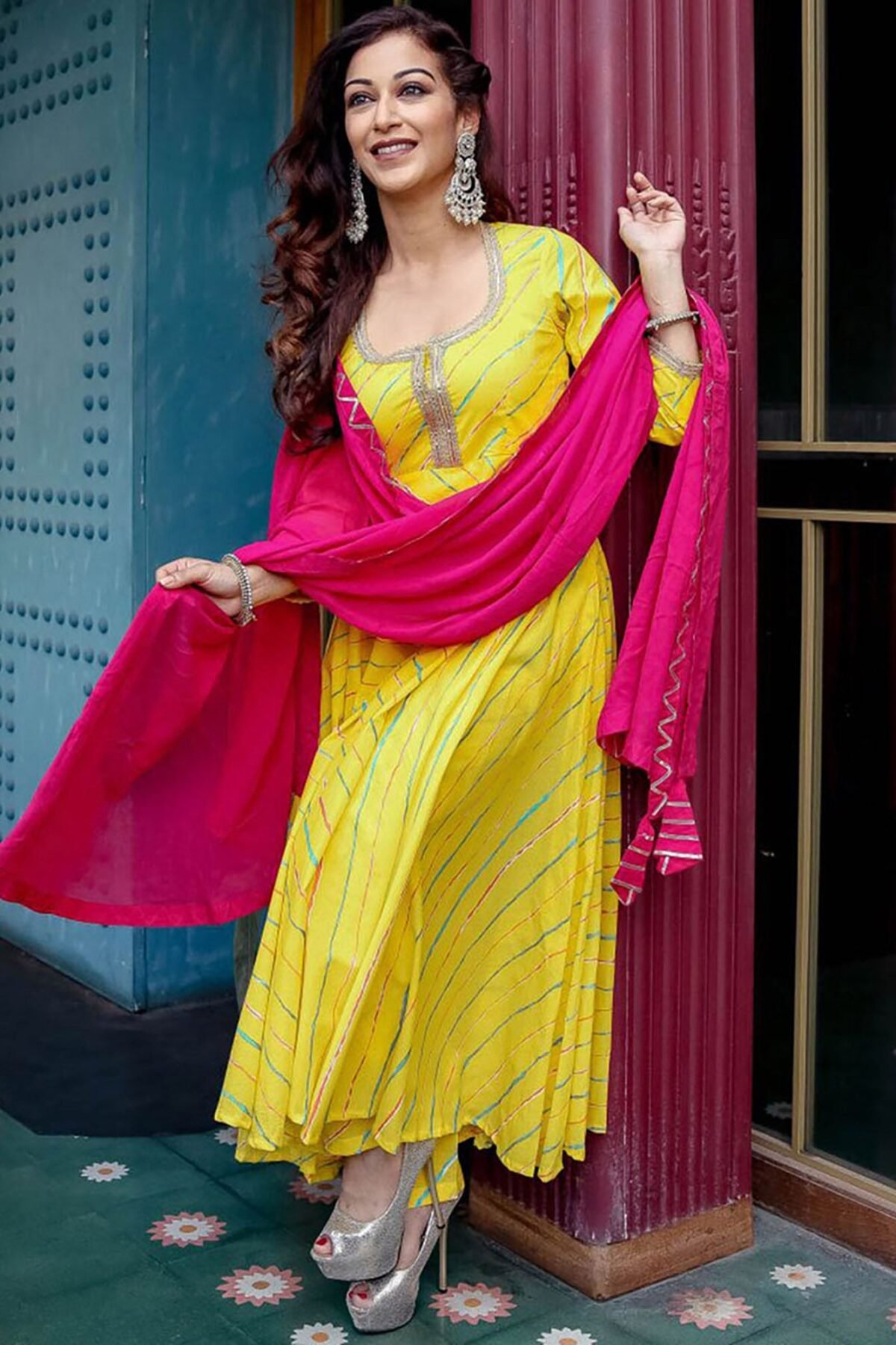Yellow Leheriya Anarkali Suit Set