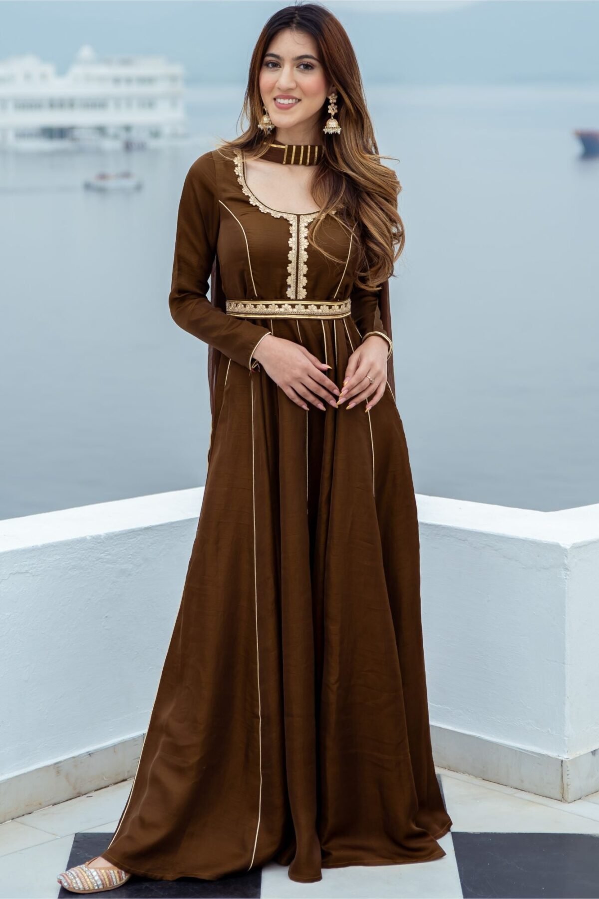 Chocolate Brown Silk Long Dress With Dupatta