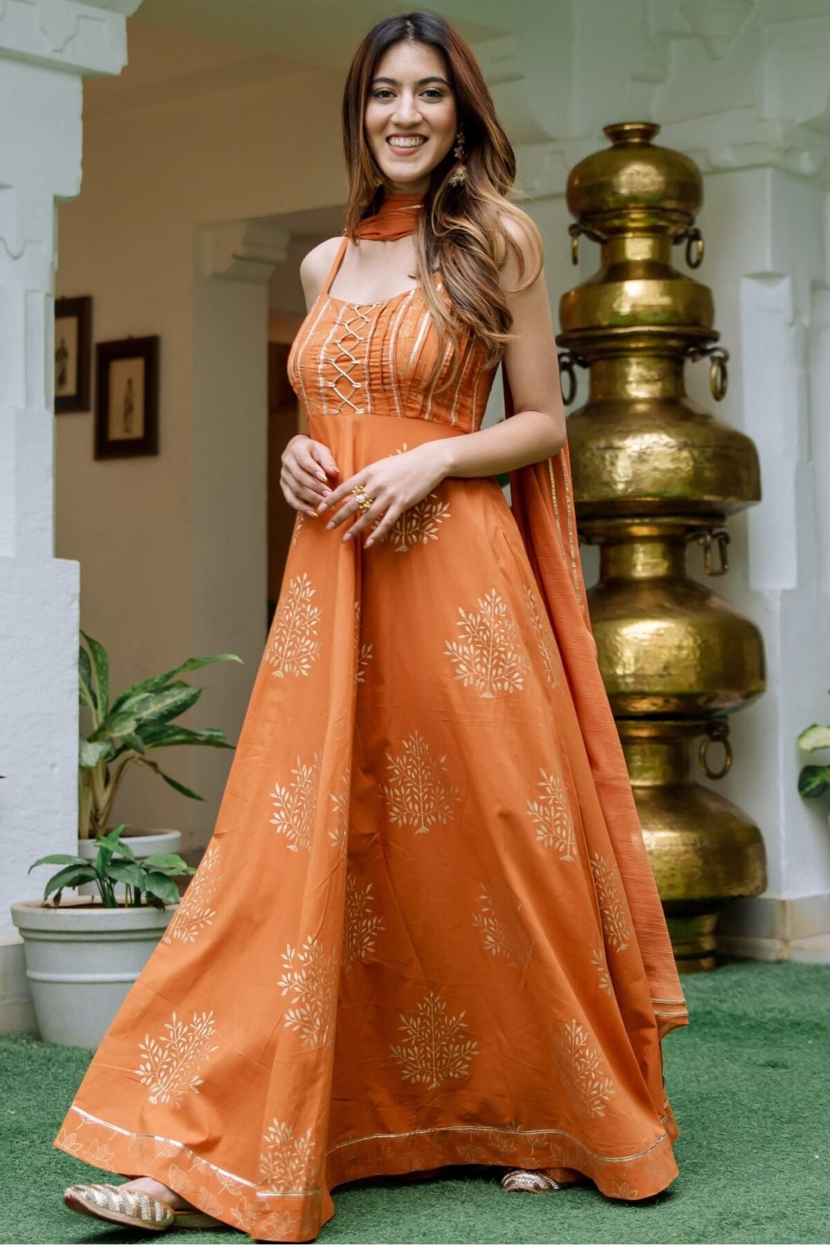 Mustard Cotton Printed Anarkali With Dupatta