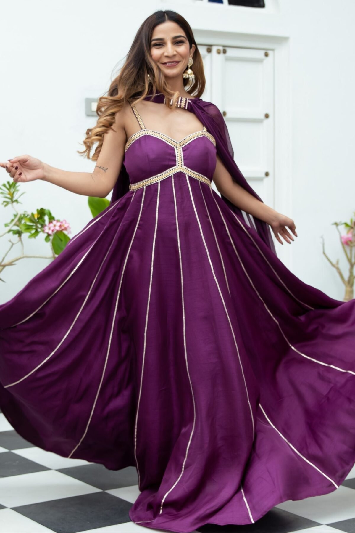 Purple Silk Long Dress With Dupatta