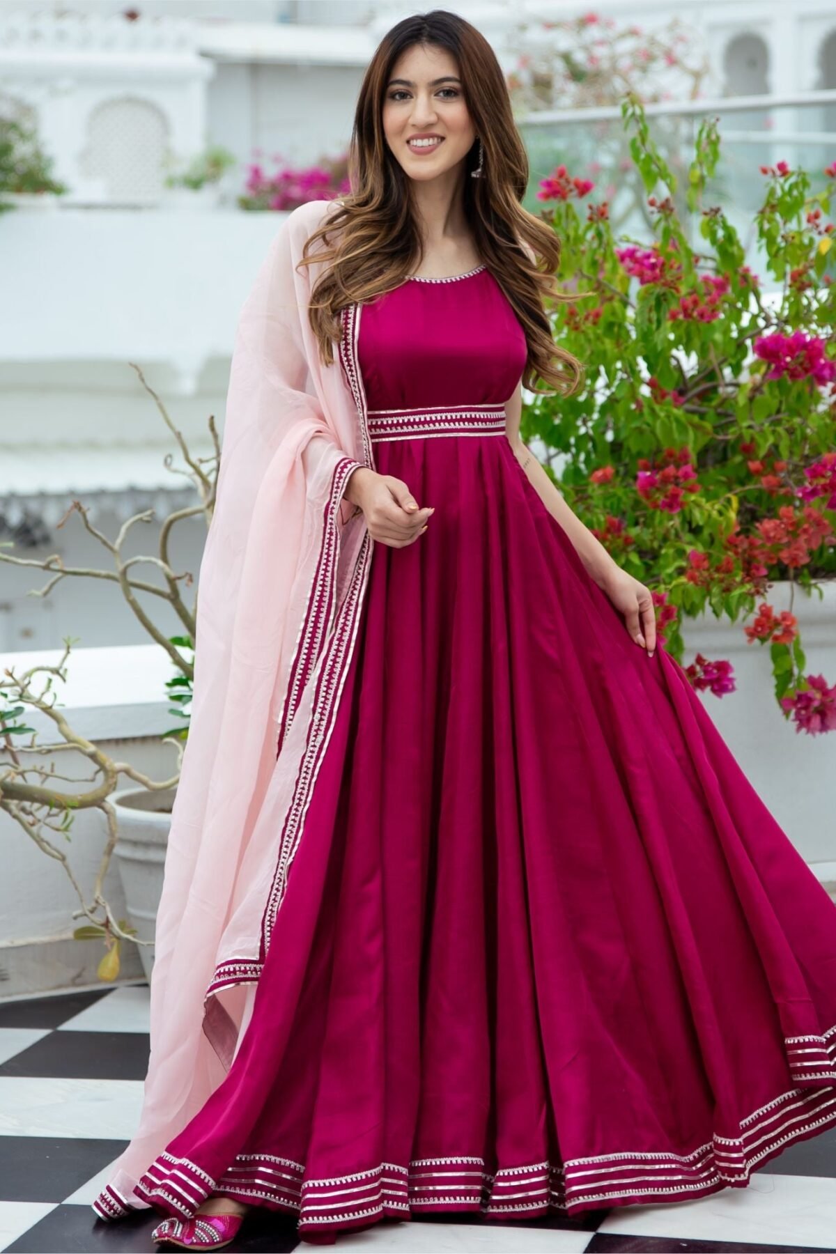 Pink Silk Long Dress With Dupatta