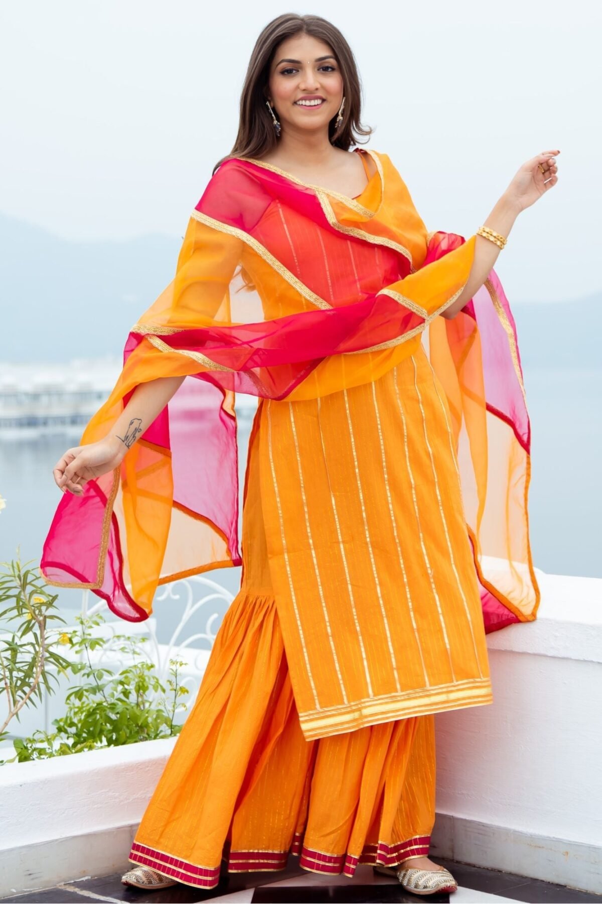 Orange Cotton Lurex Kurta and Palazzo Set