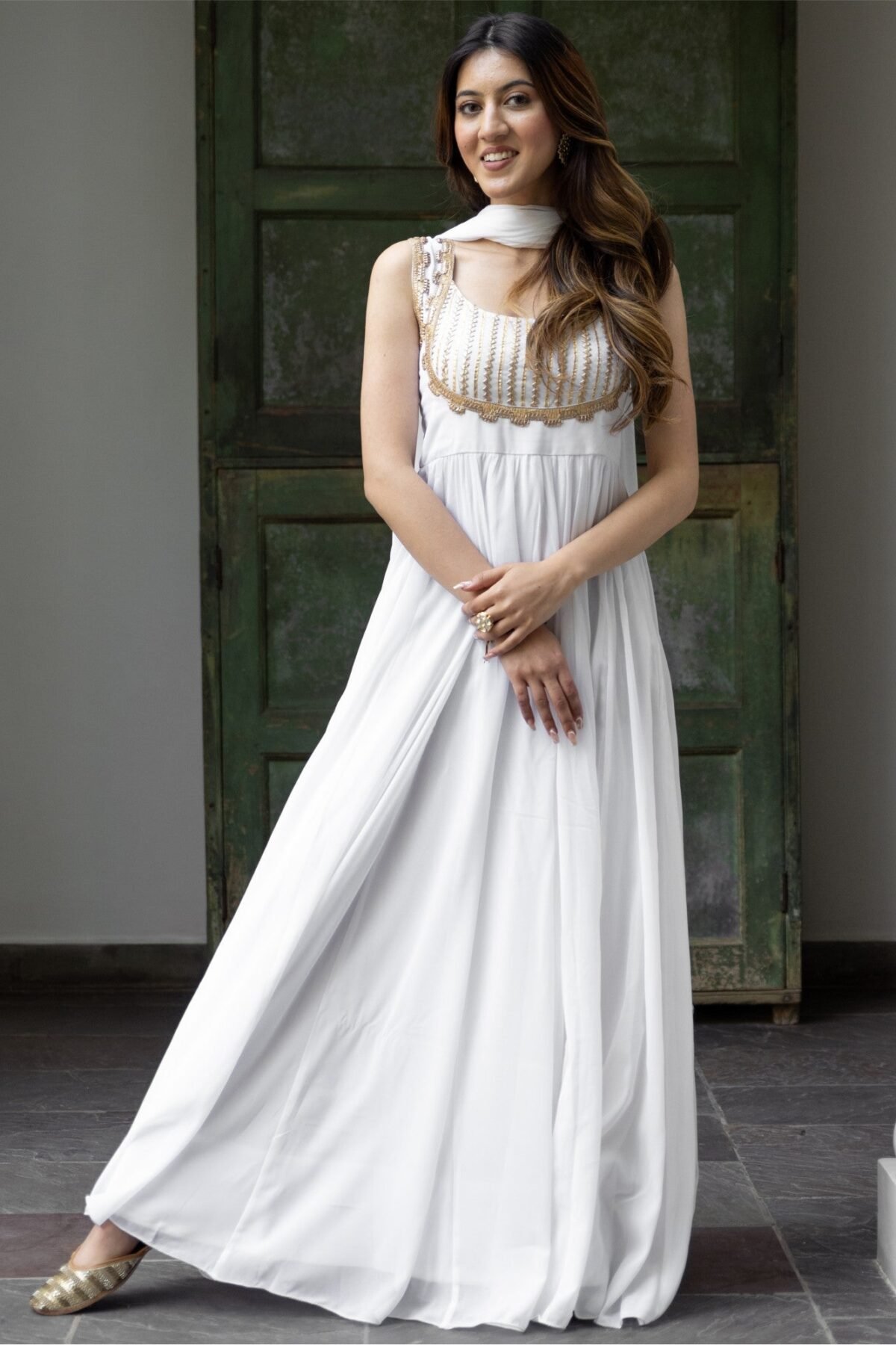 White Georgette Long Dress Set