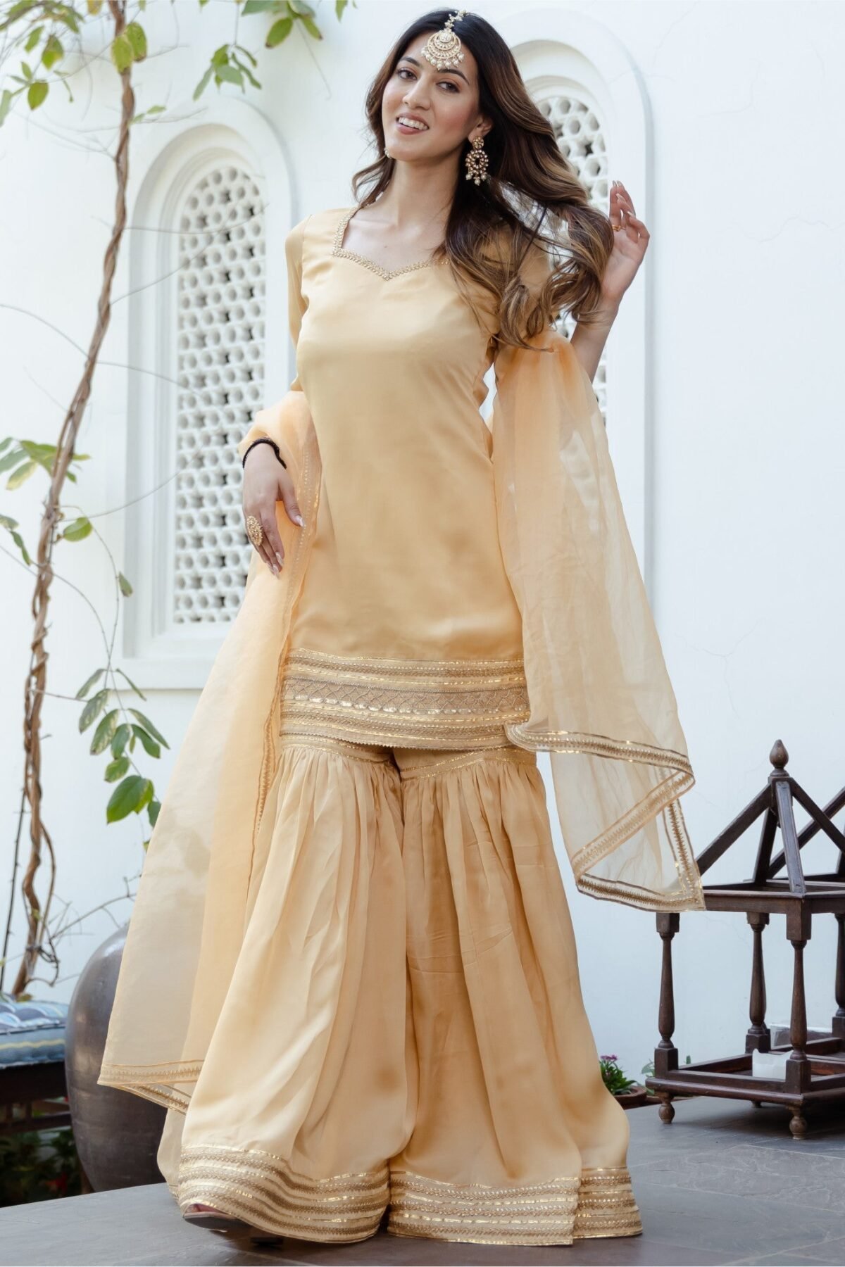 Beige Short Kurta Sharara Set