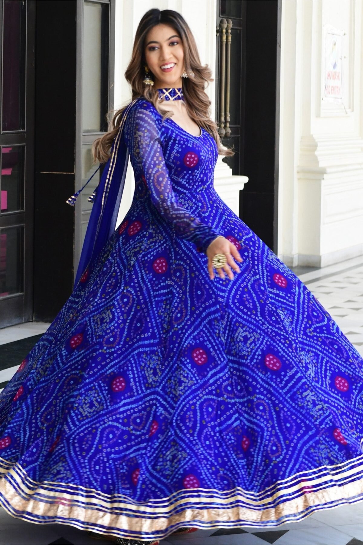 Blue Bandhni Print Anarkali Set