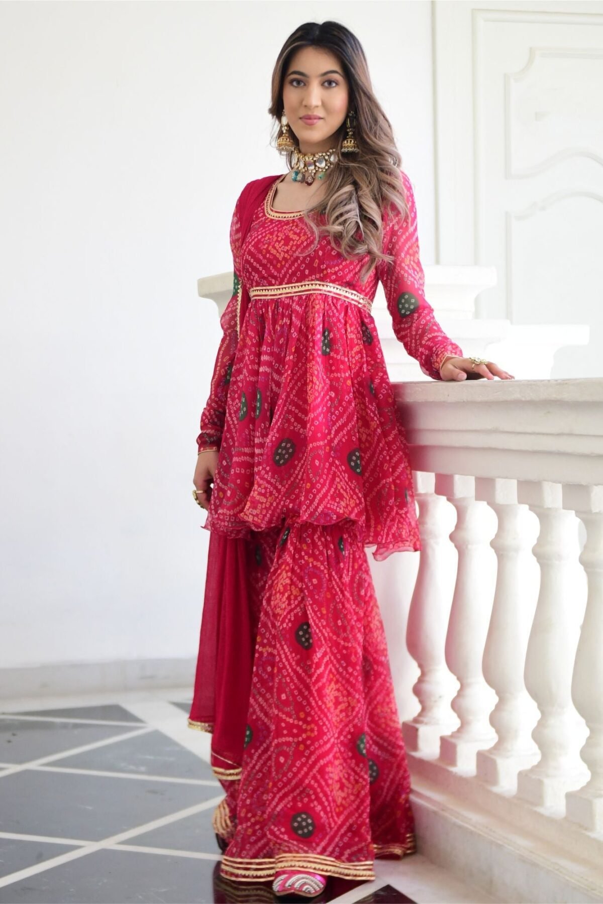 Pink Bandhni Print Kurta And Sharara Set