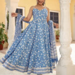 Blue Handblock Anarkali Set