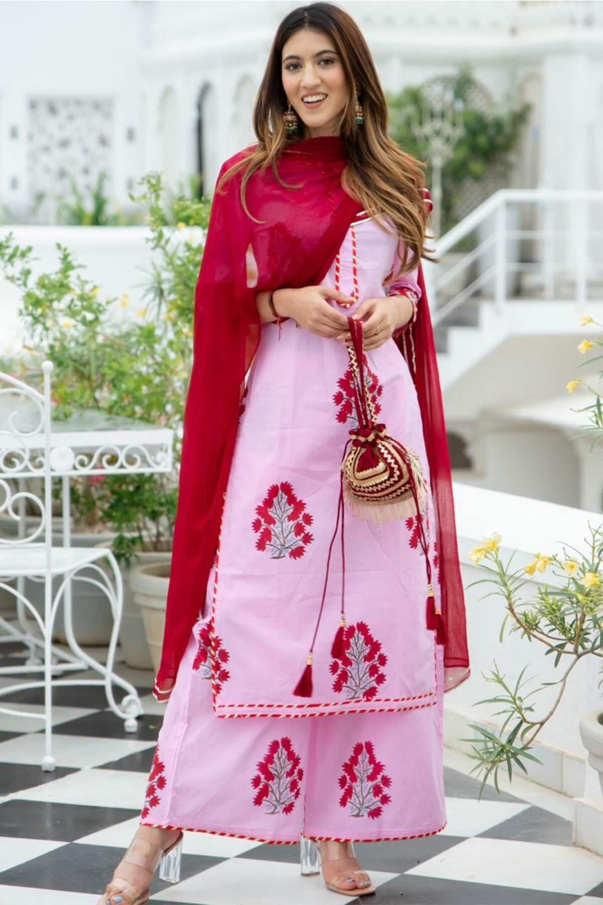 Pink Cotton Printed Straight Kurta and Palazzo Set