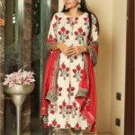Red & Cream Flower Work Handblock Suit Set
