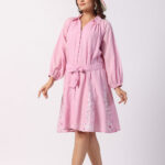 Designer Pink Cotton Mini Dress With Belt