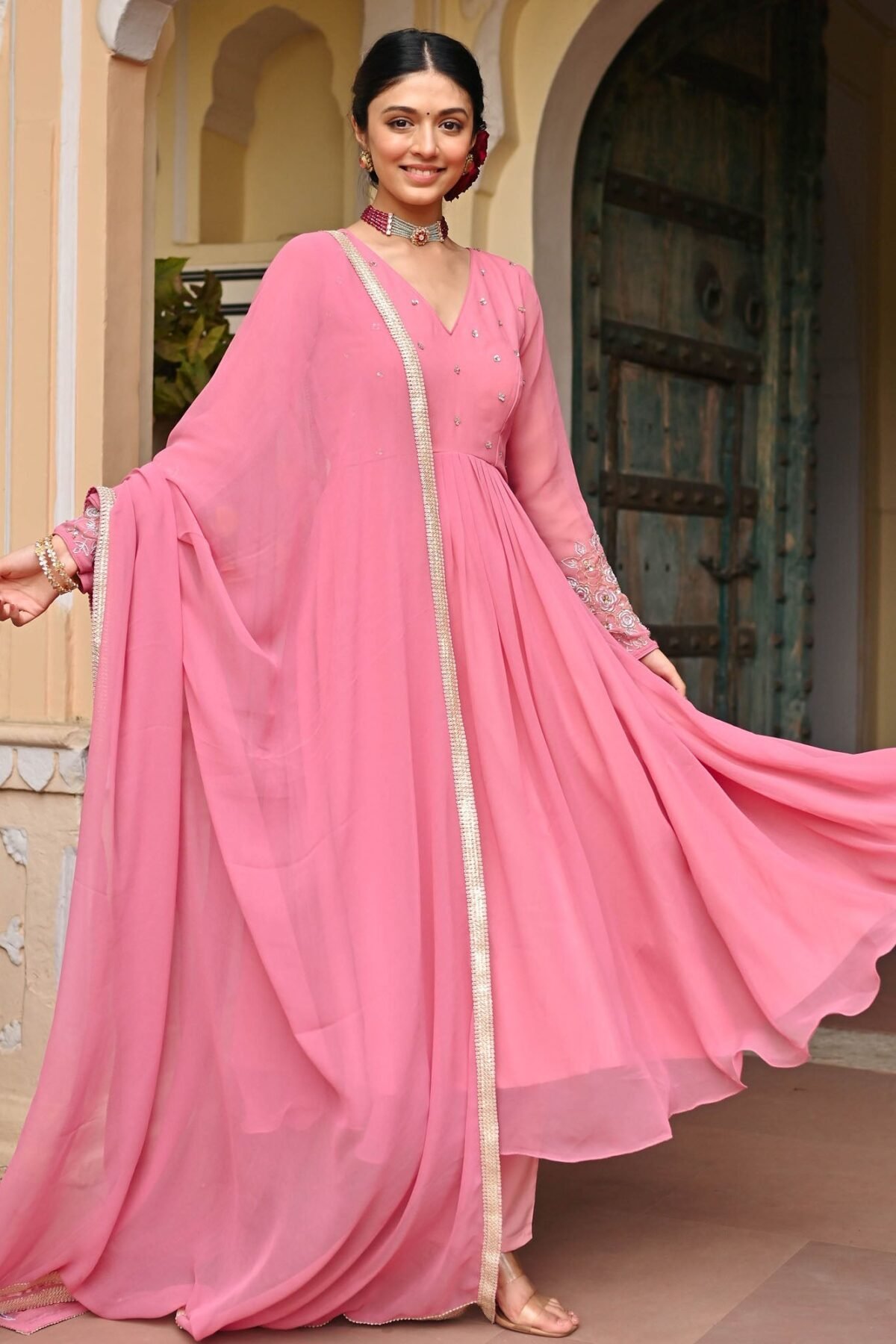 Pink Georgette Handwork Anarkali Set