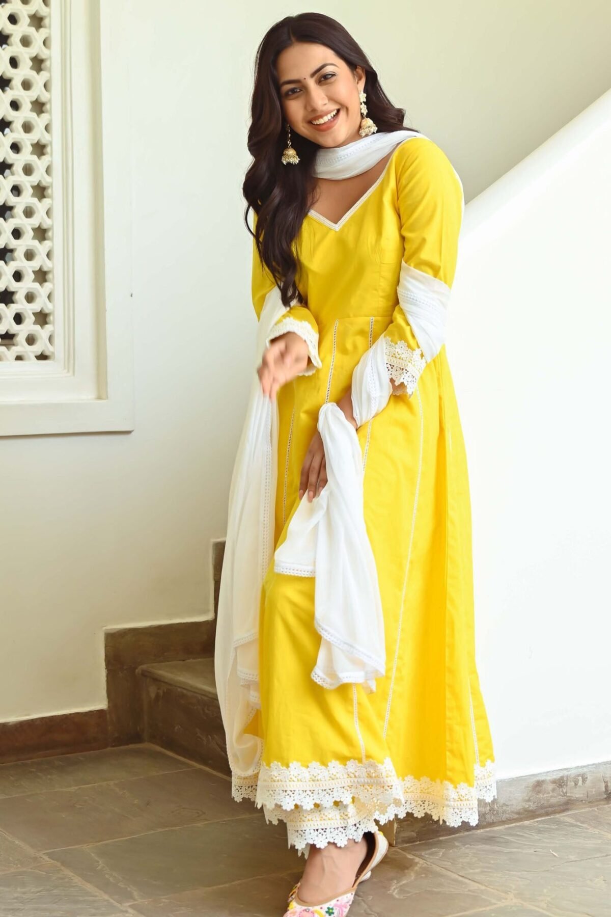 Yellow Cotton Anarkali Set