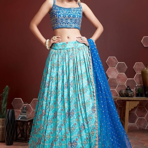 Blue(Sky Blue ) Digital Print With Sequence Work Party Wear Wedding Wear Sangeet Function Wear Lehenga Choli
