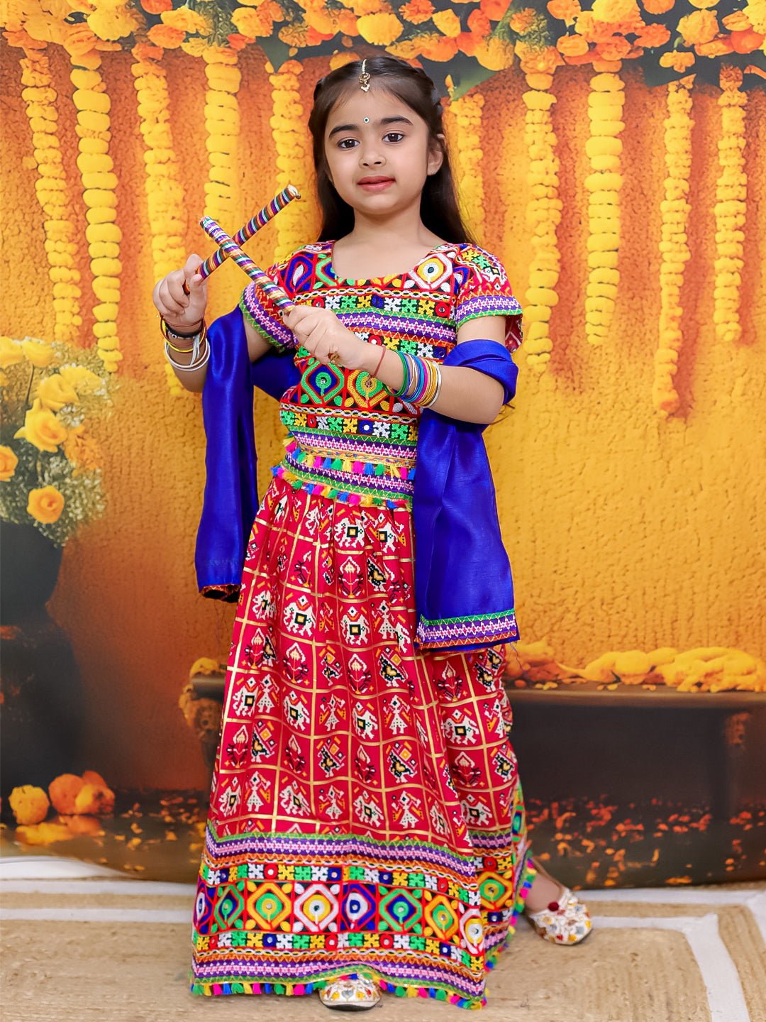 Fast Wear Embroidered Printed Cotton Chaniya Choli Dupatta  Set For Girls