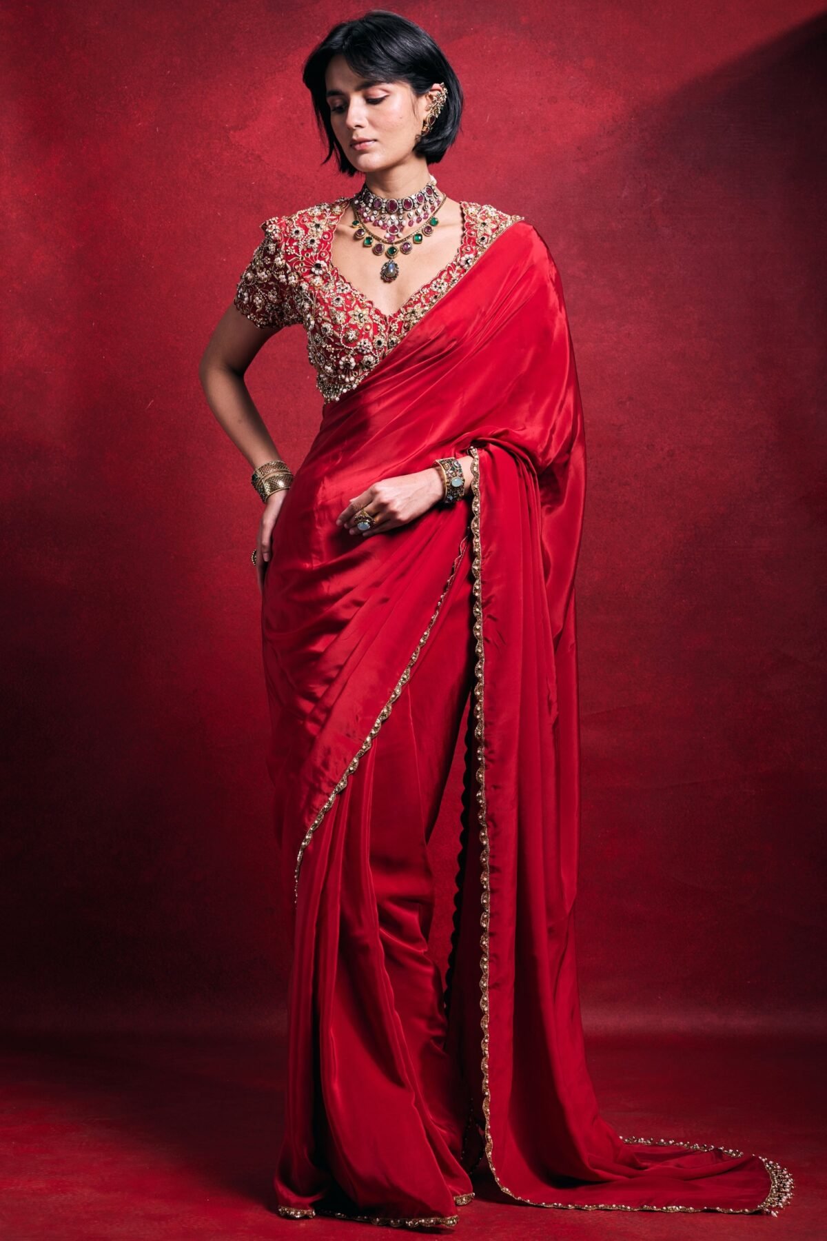 Elegant red crepe sari set