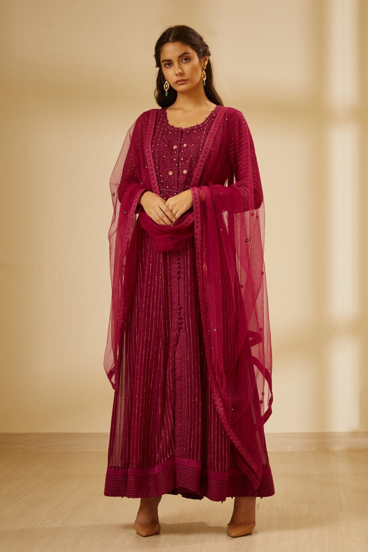 Wine Embroidered Long Kurta Set