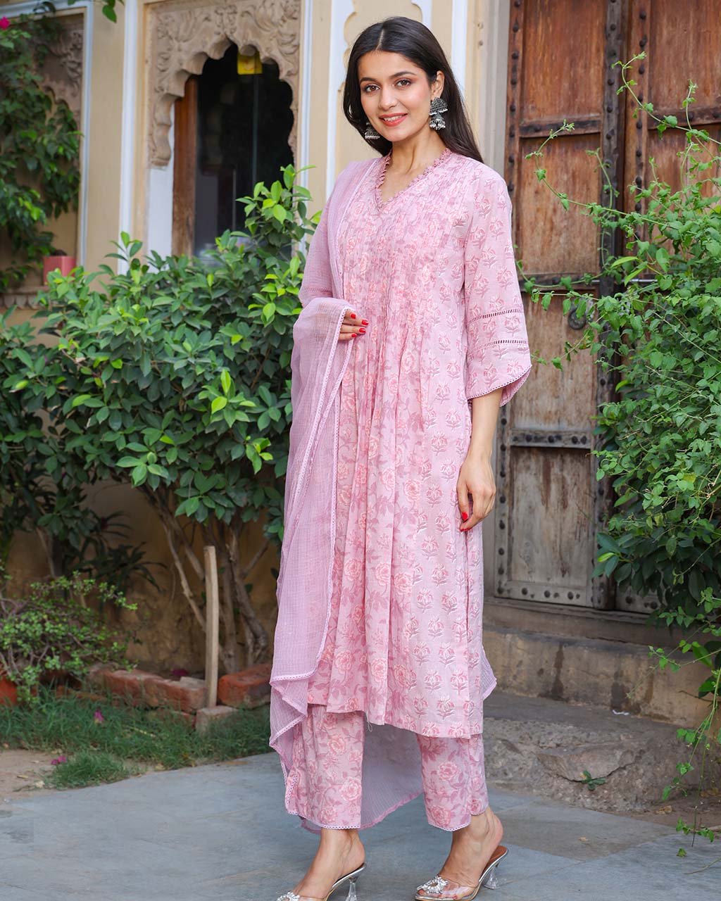 Pink Cotton Handblock Suit With Kota Dupatta