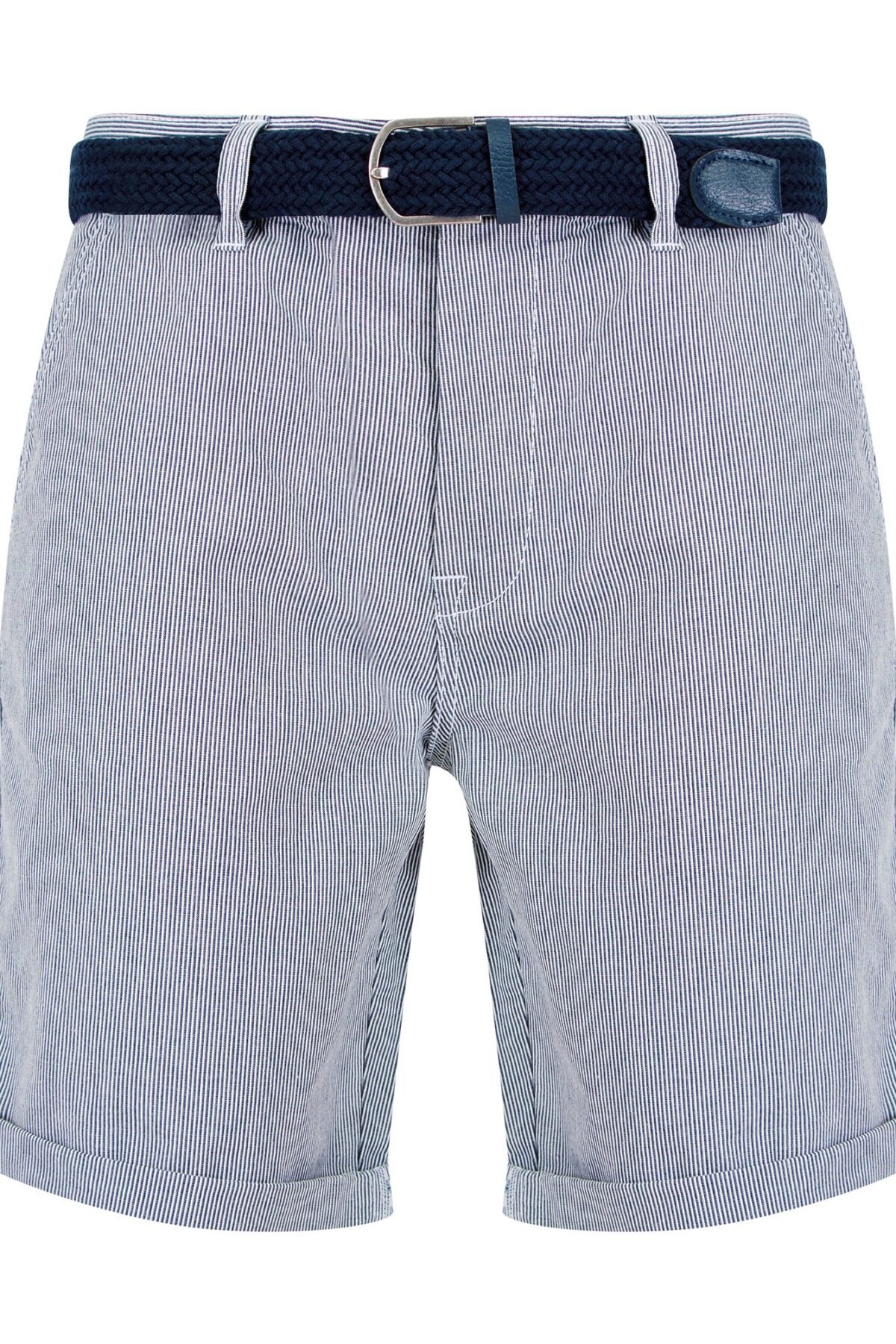Taizi Fine Stripe Cord Chino Shorts with Woven Belt in Navy / White Stripe