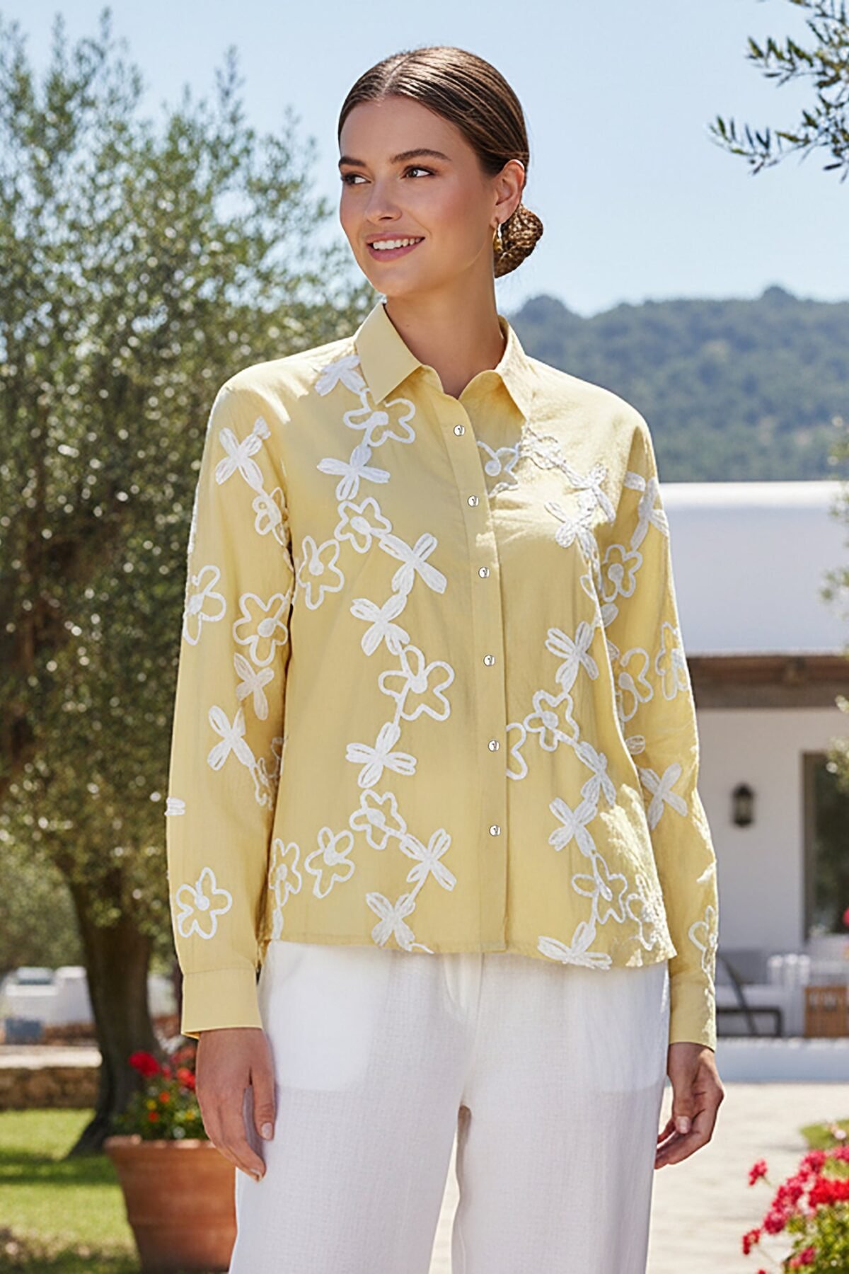 Yellow Cotton Embroidered Waist-Length Shirt with Collar Neck