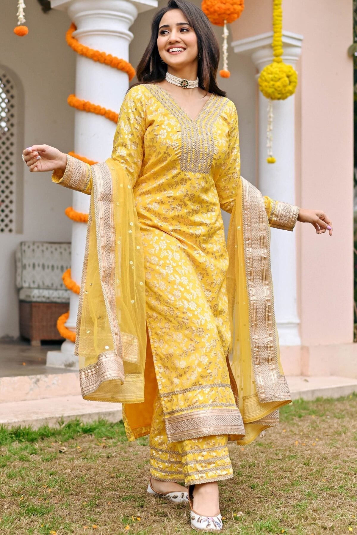 Yellow Jacquard Kurta Set