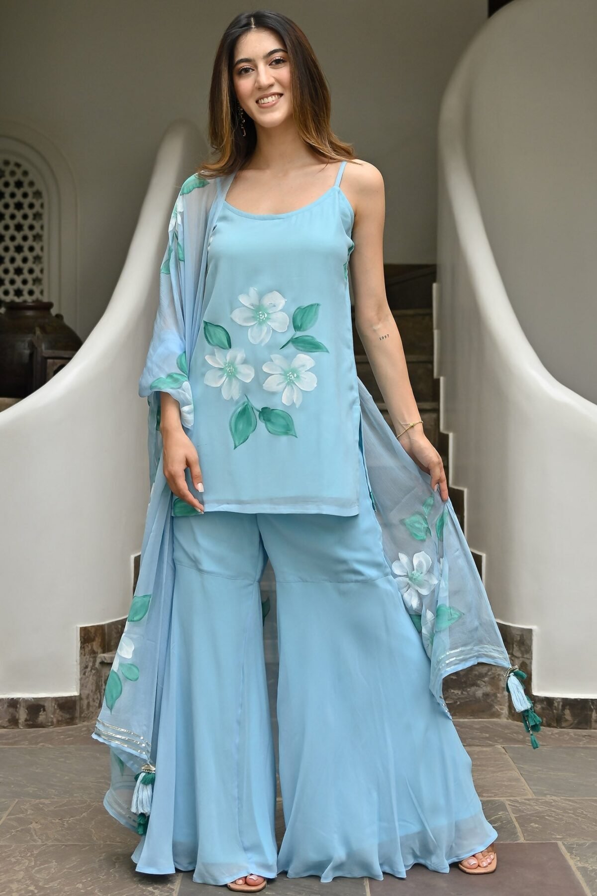 Blue Hand brush Sharara Set