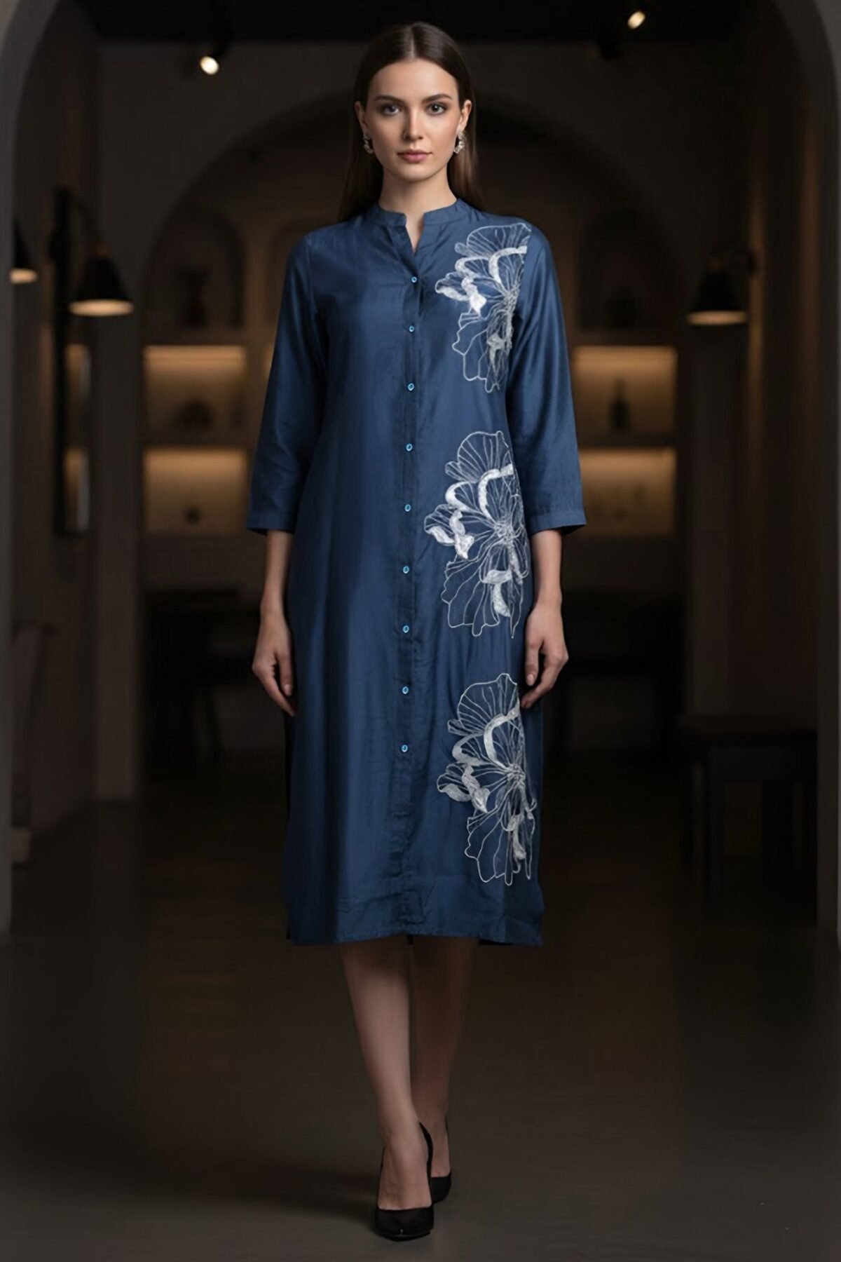 Navy Blue Embroidered Viscose Midi Dress
