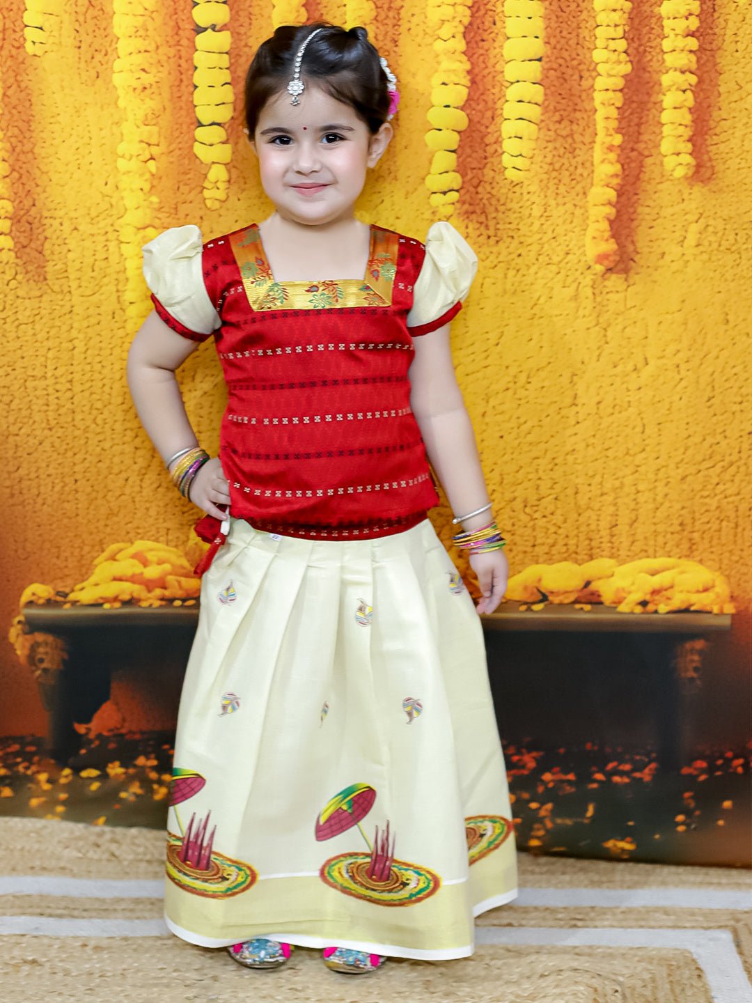 Fast Wear Half Sleeve South  Pavda Pattu Lehenga For Girls