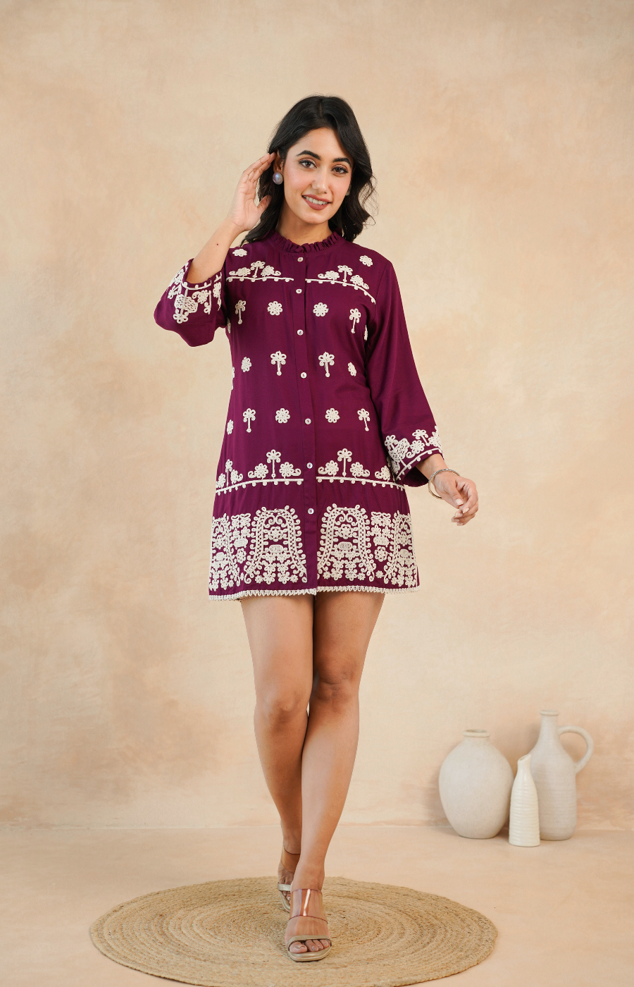 Maroon Embroidered Rayon Midi Dress