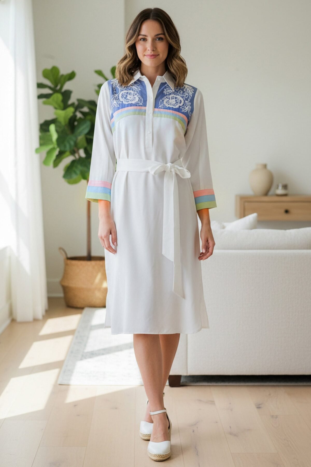 White Embroidered Tencel Midi Dress with Collar Neck