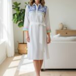 White Embroidered Tencel Midi Dress with Collar Neck
