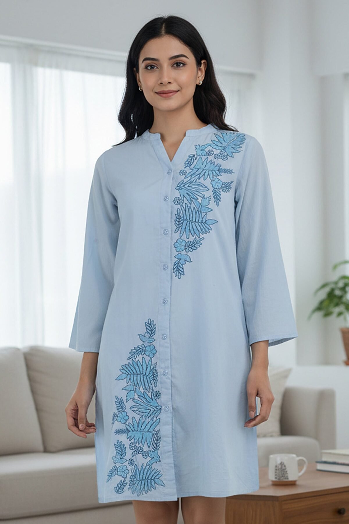 Light Blue Embroidered Cotton Shirt Dress