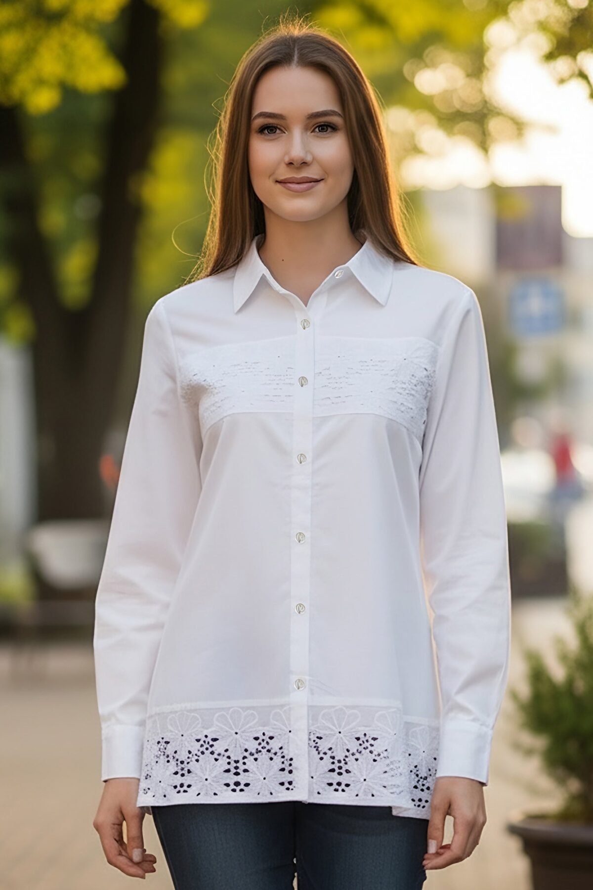 Women?s Cotton Embroidered Shirt with Collar Neck and Full Sleeves