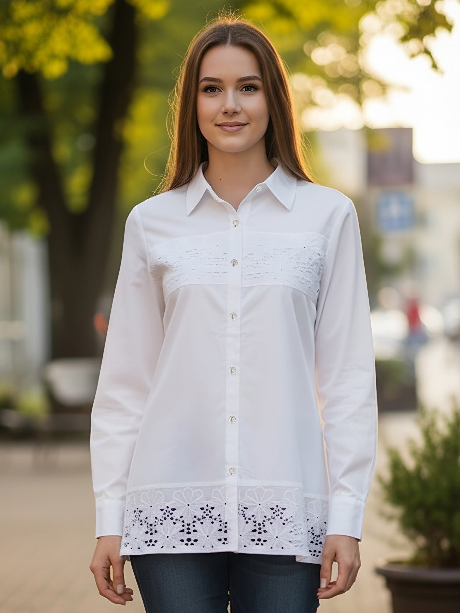 Women?s Cotton Embroidered Shirt with Collar Neck and Full Sleeves