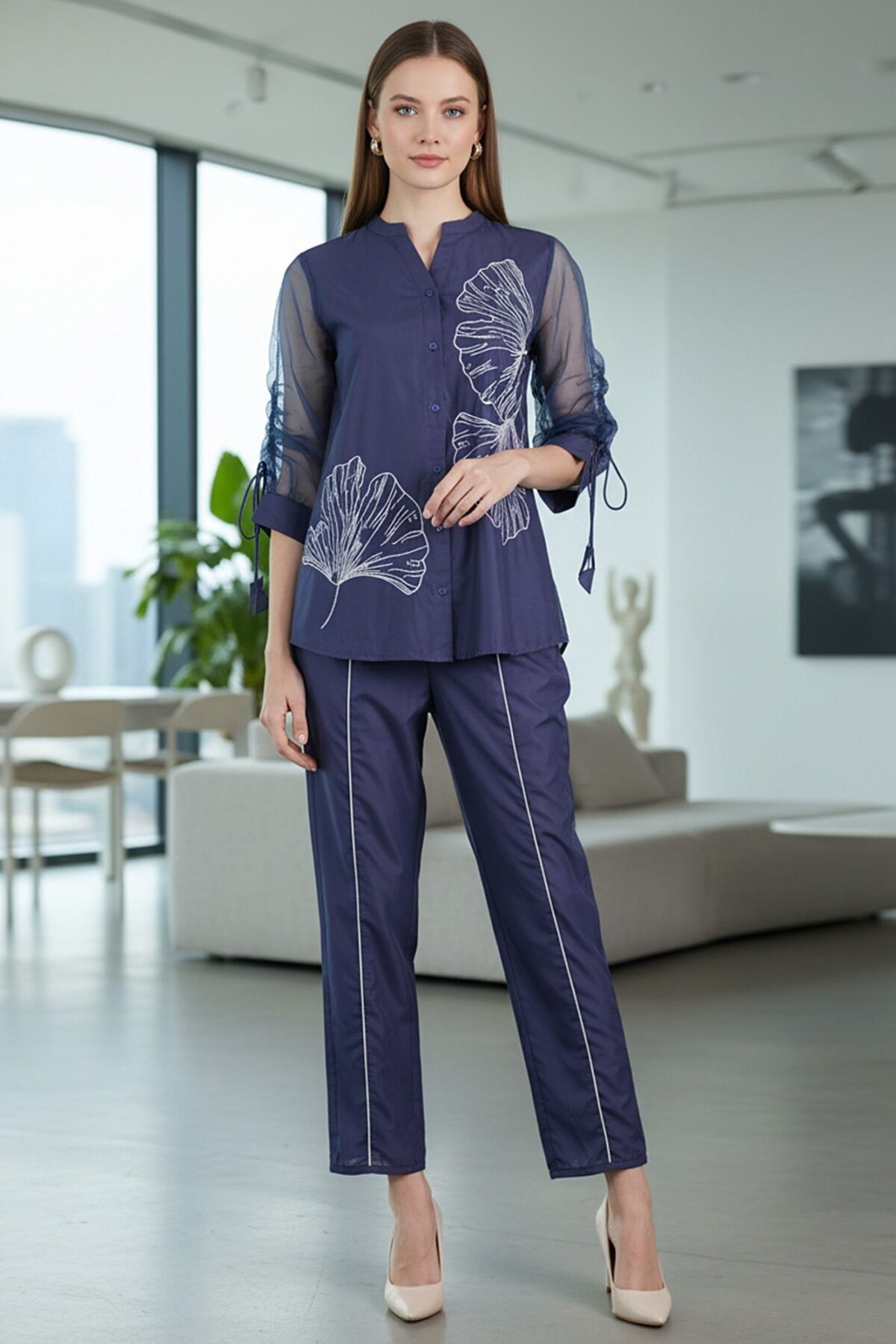 Designer Navy Blue Embroidered Co-Ord Set