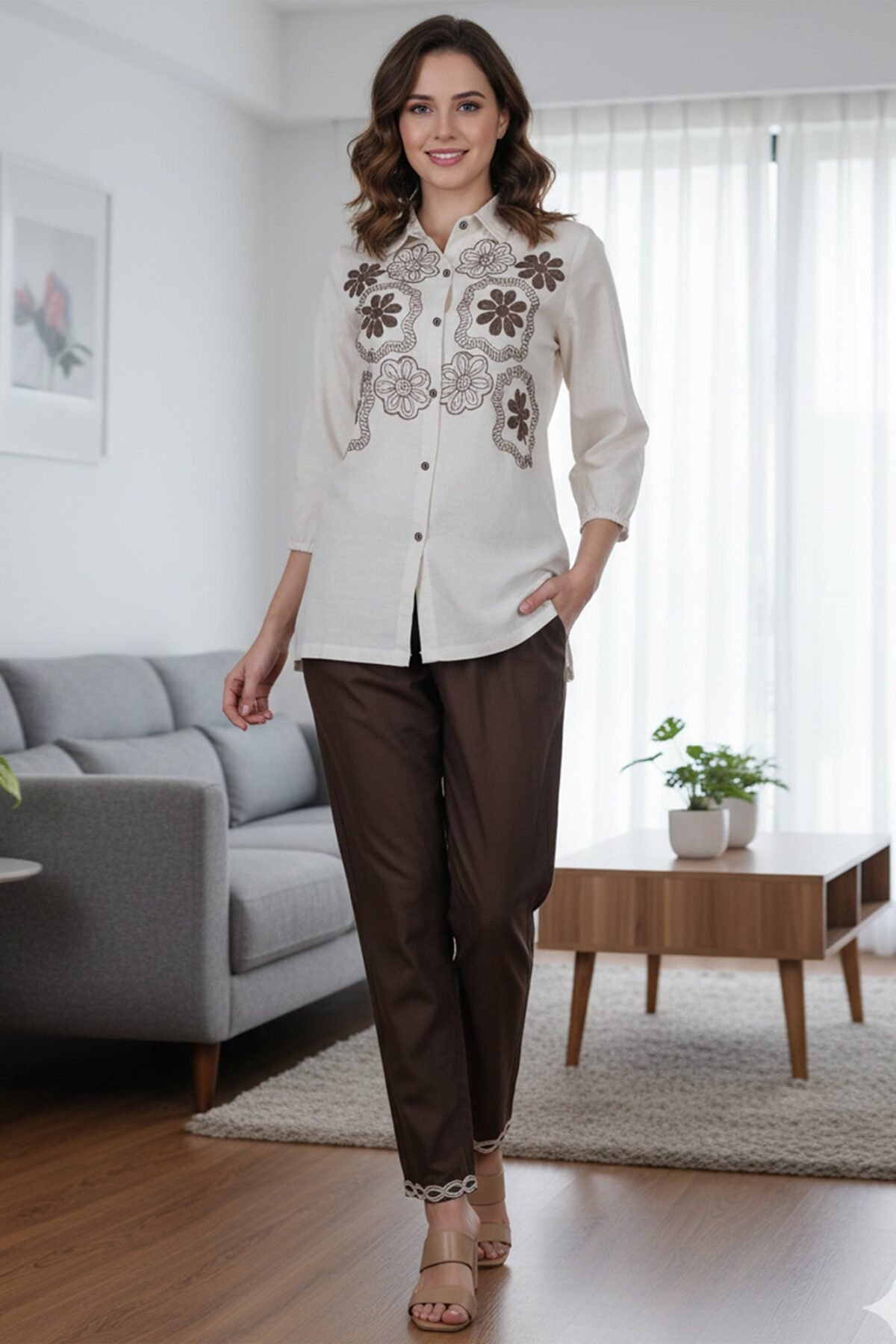 Beige Blossom Floral Embroidered Cotton Co-ord Set