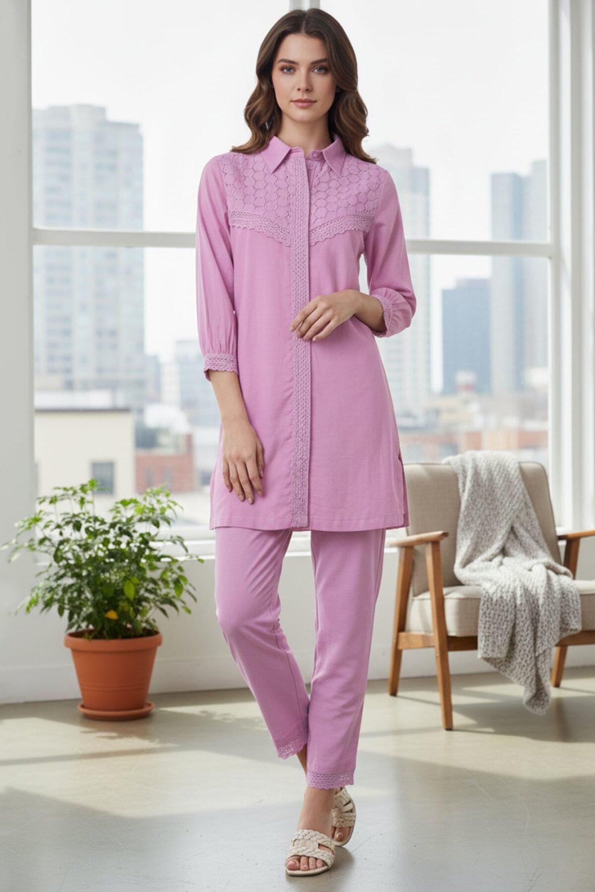 Graceful Lavender Co-Ord Ensemble Featuring Intricate Lace and Comfort Fit