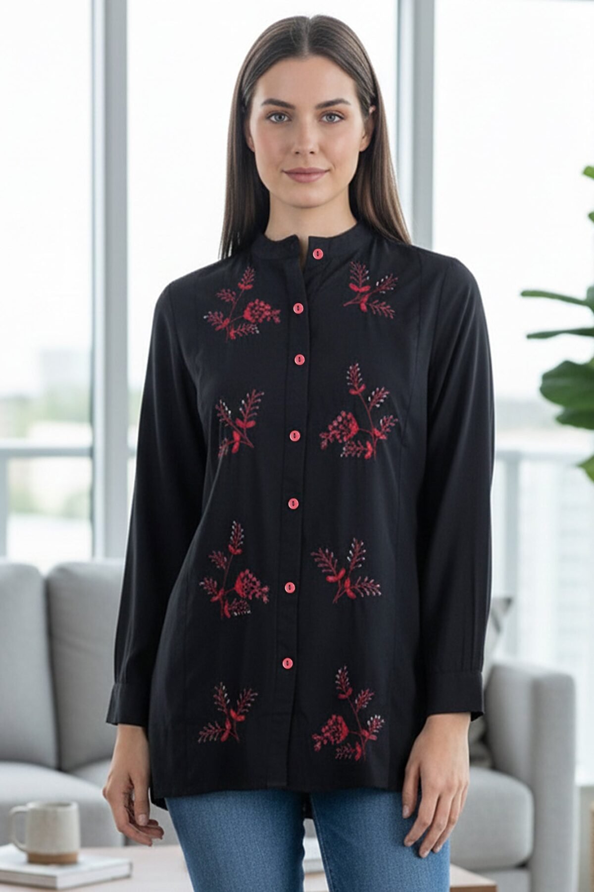 Classic Black High-Neck Embroidered Tunic Top