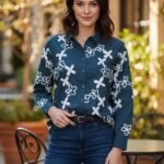 Blue Cotton Embroidered Waist-Length Shirt with Collar Neck