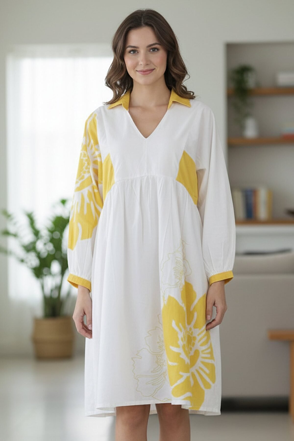 Stylish Yellow Cotton Cambric Printed Mini Dress