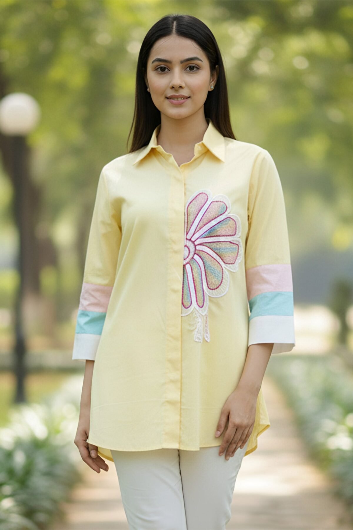 Women?s Yellow Embroidered Cotton Crop Shirt with Collar Neck