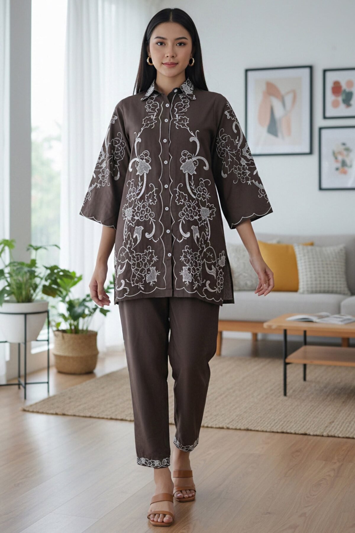 Trendy Two-Piece Brown Outfit with Contrast Embroidery