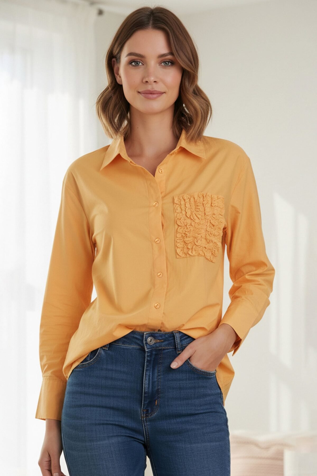 Yellow Embroidered Viscose Shirt with Closed Neck