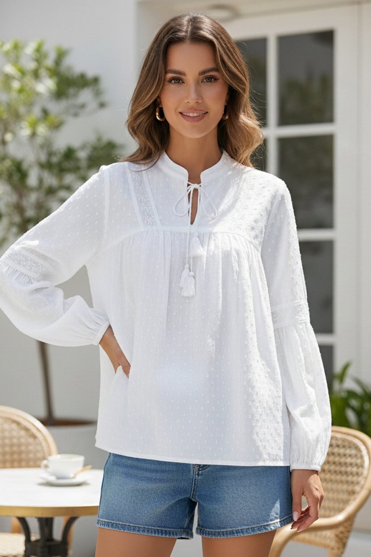 Women?s White Cotton Embroidered Shirt with Closed Neck and Full Sleeves