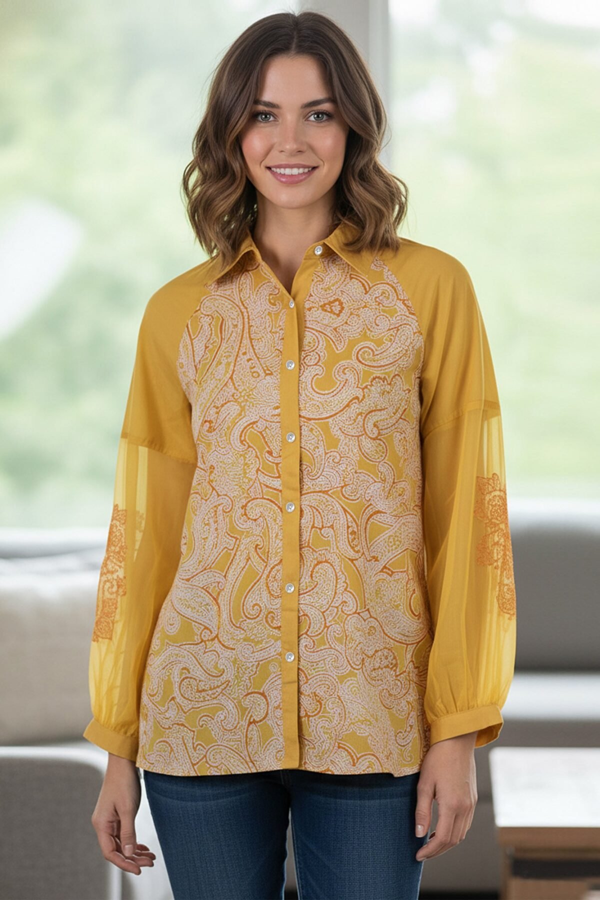 Women Mustard Yellow Printed Shirt with Sheer Sleeves