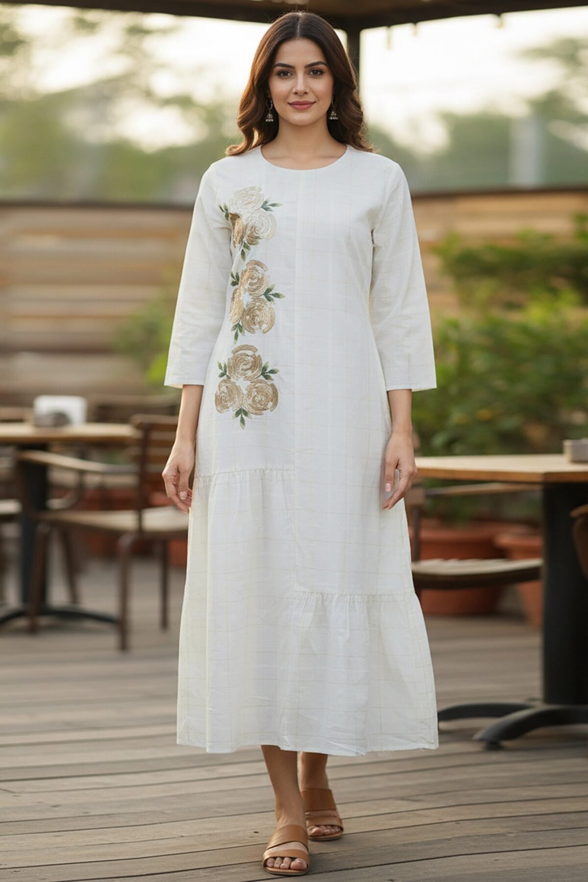 Off-White Embroidered Cotton Midi Dress