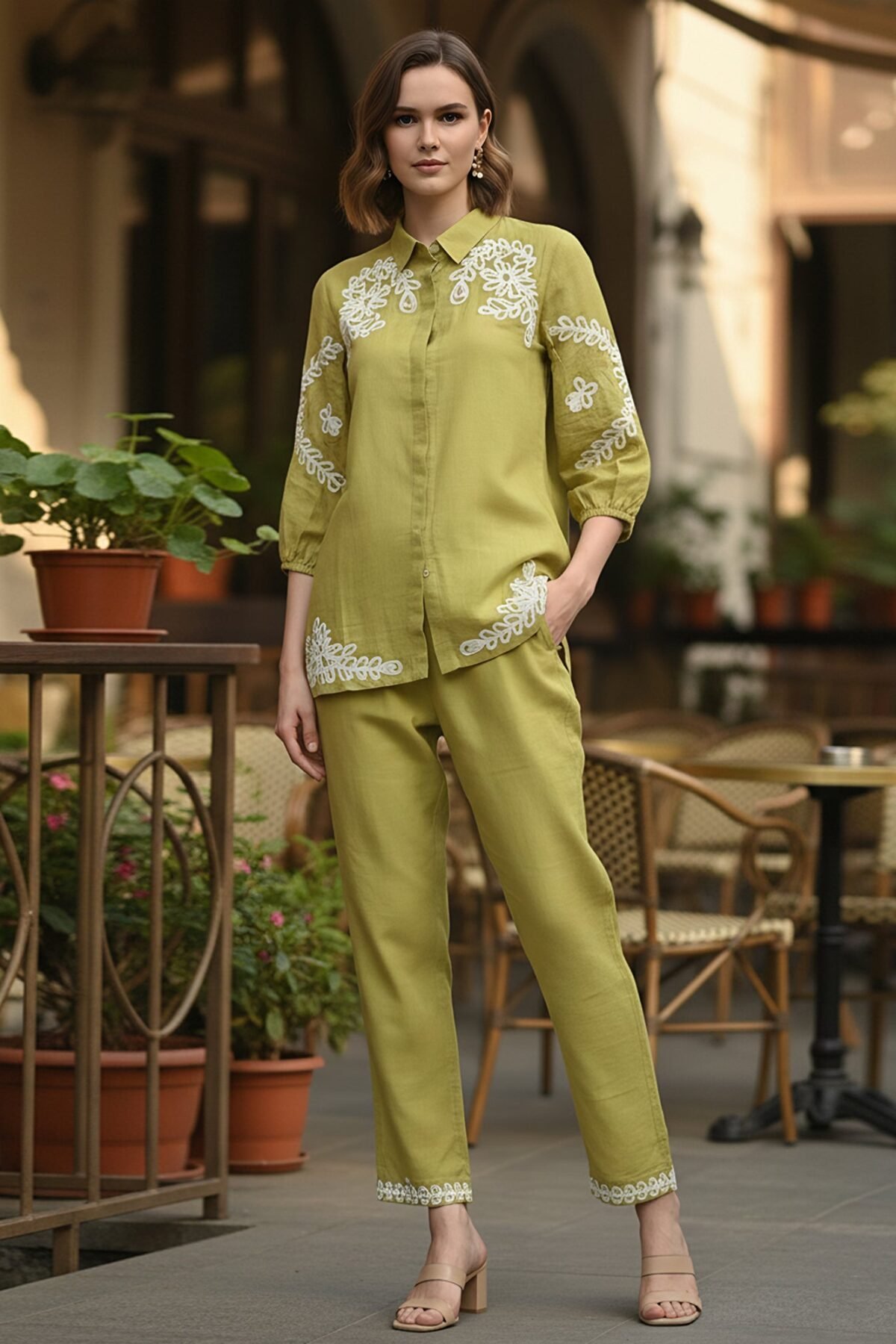 Mint Green White Floral Embroidered Cotton Co-ord Set