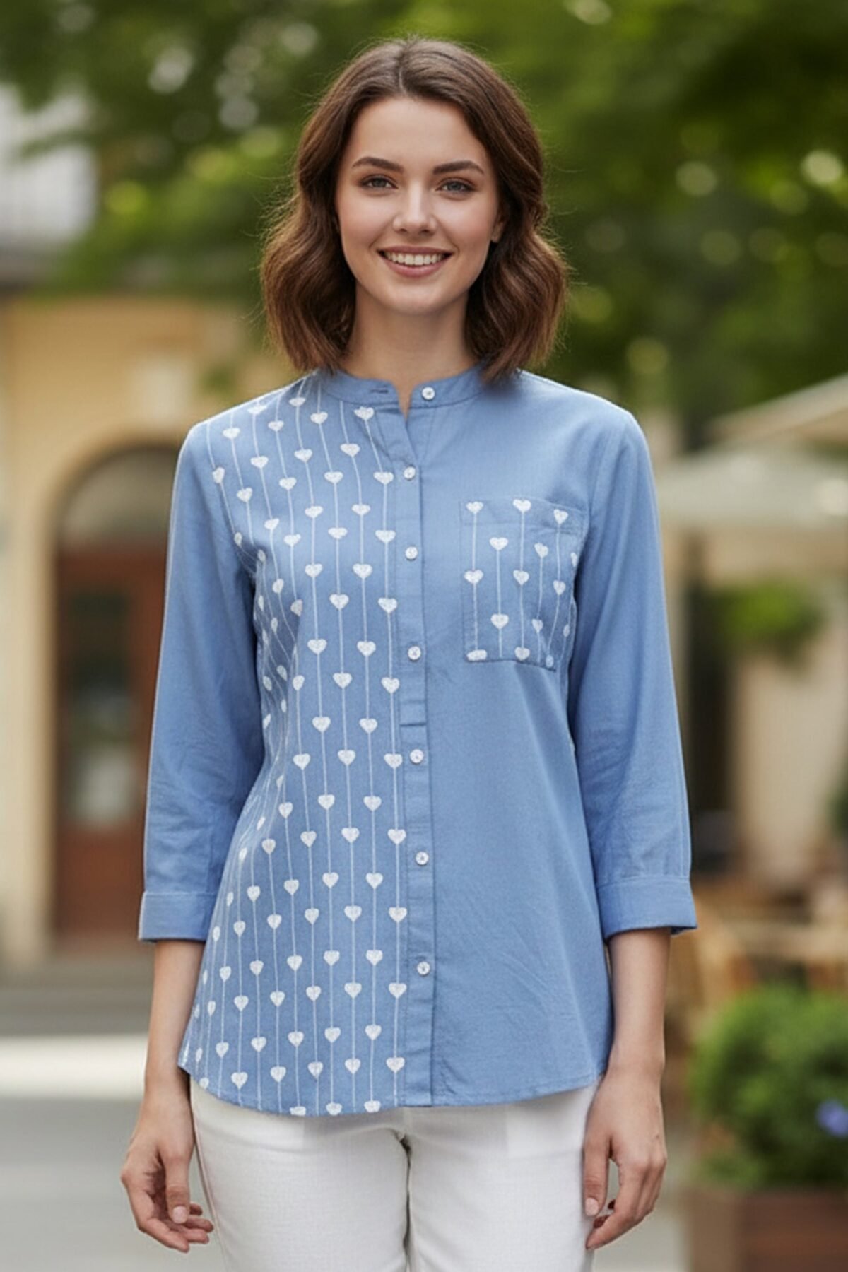 Blue Half-Embroidered Casual Cotton Shirt