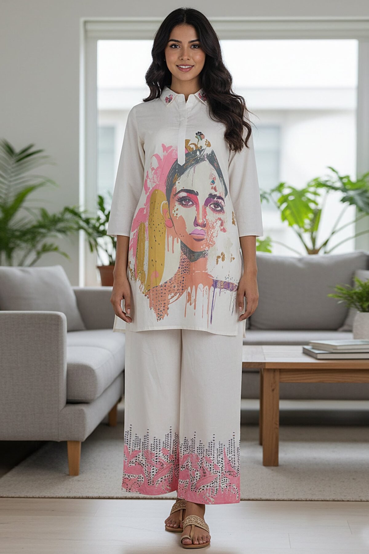 Whispering Beauty Cotton Printed White Co-ord Set